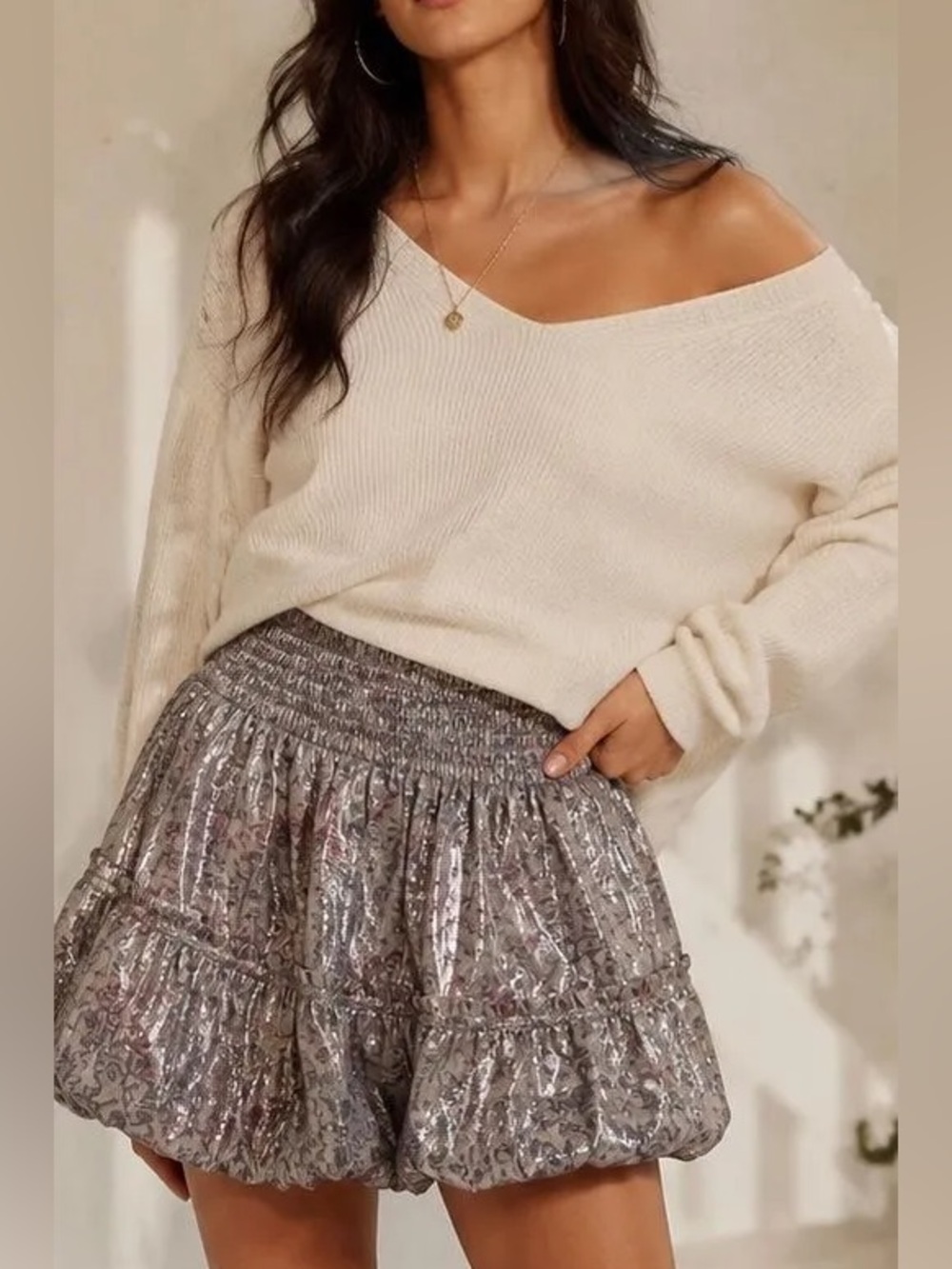 Free People "In A Bubble" Metallic Floral Mini Skirt Size S Boho Tiered Smocked